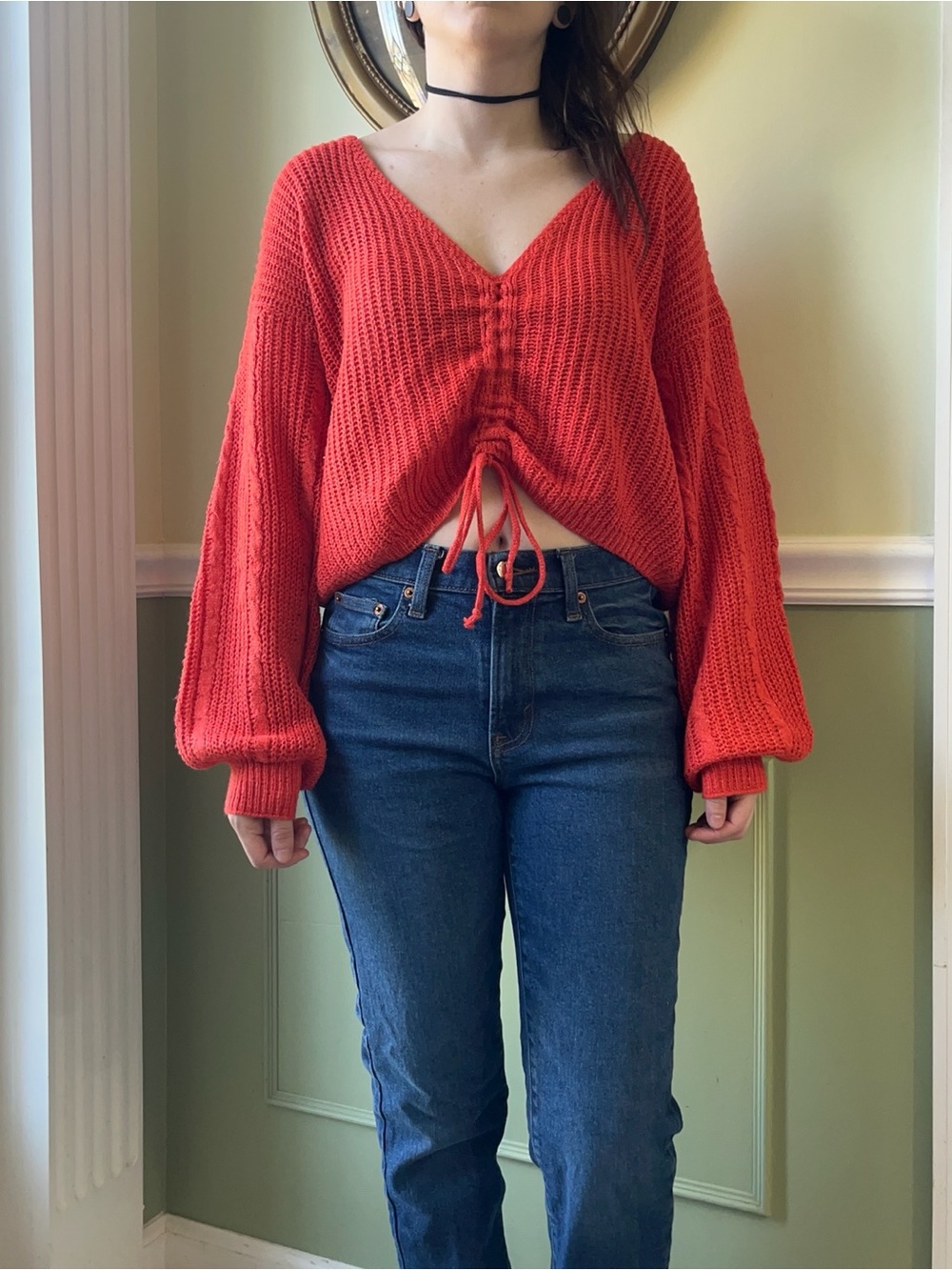 SHEIN Orange ruched tie sweater
